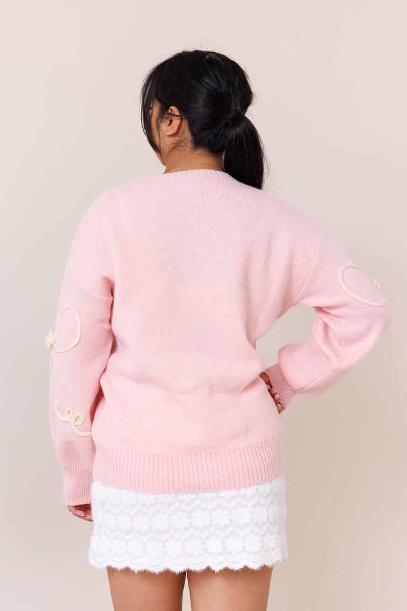 pink pullover knit sweater big bow long sleeve comfy ribbed crew neckline