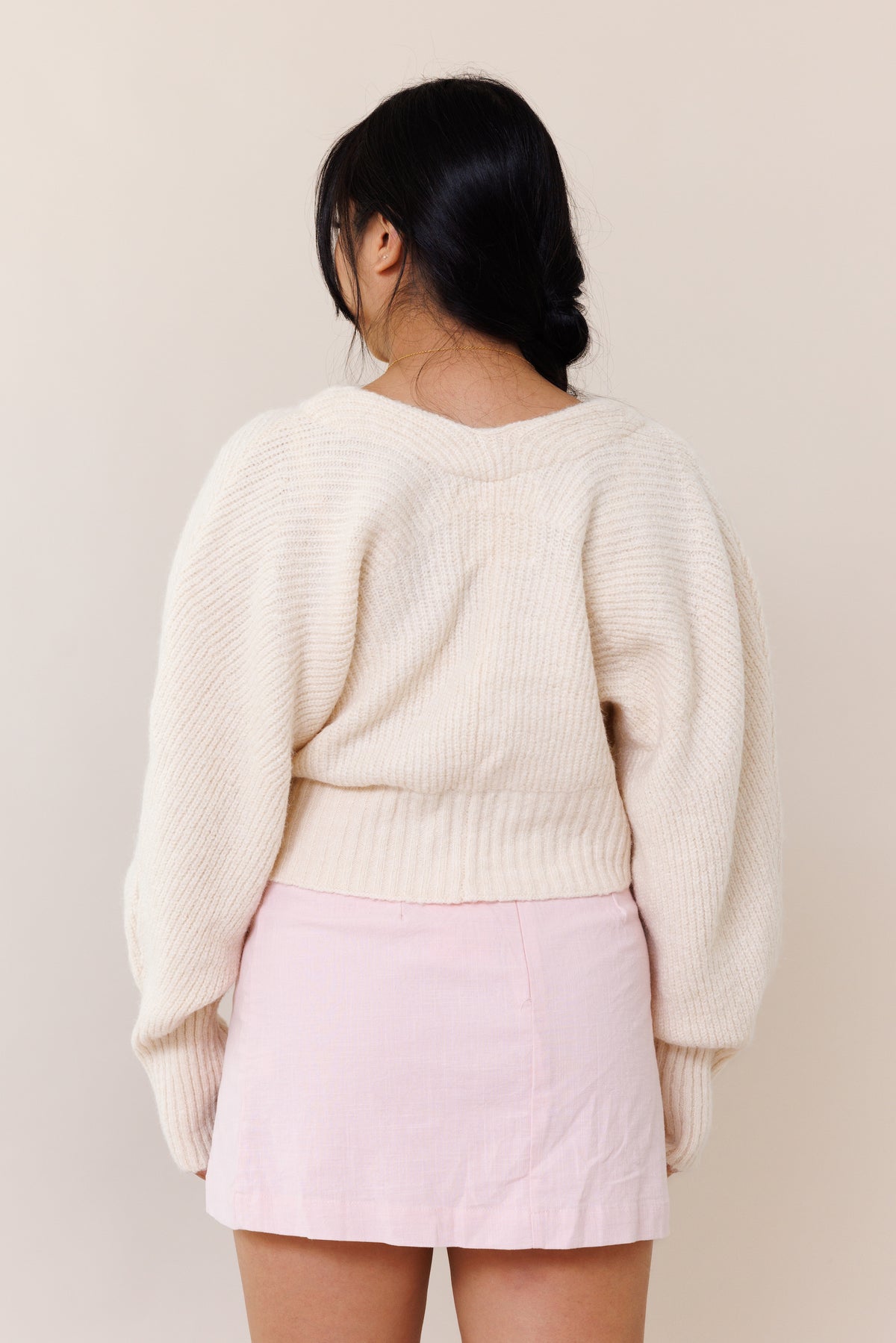 cream knit cardigan sweater dolman long sleeve cuff pink ribbon bow tie closure stretchy v neckline