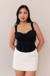 black mlilkmaid style bustier corset ribbow bow front tie lace stretchy tank top