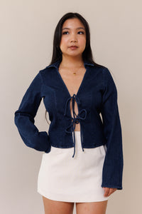 dark blue denim open front ribbon bow tie closure long sleeve loose fit stretchy collared top