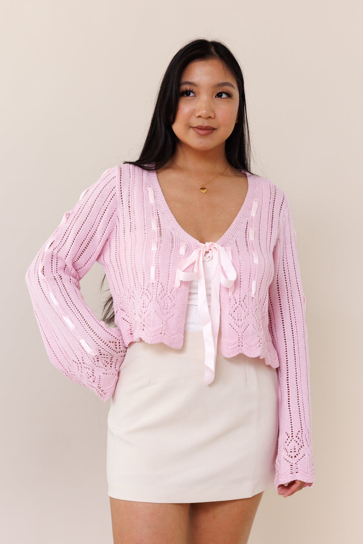 pink knit cardigan laced long bell sleeves open front pink ribbon bow tie