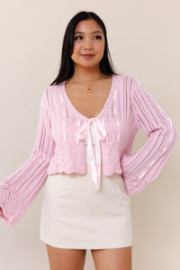 pink knit cardigan laced long bell sleeves open front pink ribbon bow tie