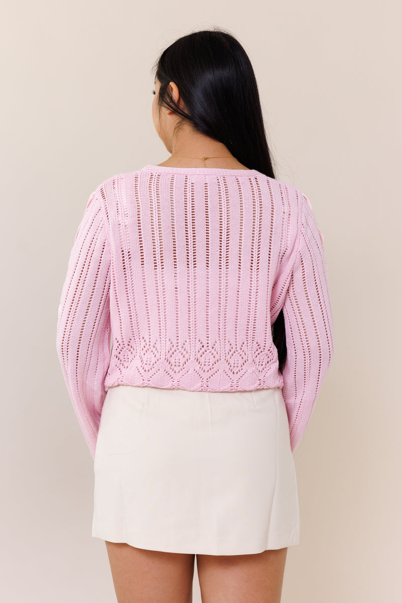 pink knit cardigan laced long bell sleeves open front pink ribbon bow tie