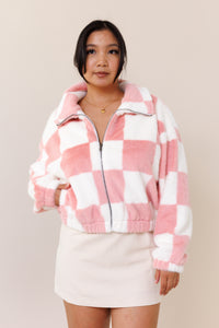 white pink soft fuzzy fluffly checkered  zipper jacket collar functional pockets cuff hems