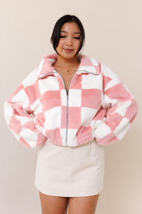 white pink soft fuzzy fluffly checkered  zipper jacket collar functional pockets cuff hems