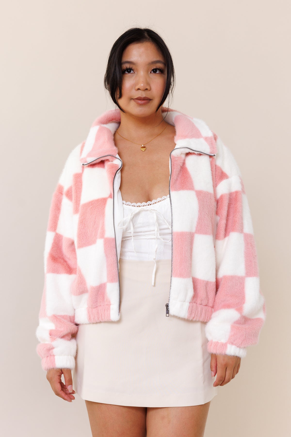 white pink soft fuzzy fluffly checkered  zipper jacket collar functional pockets cuff hems