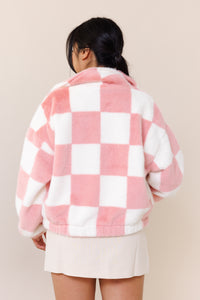 white pink soft fuzzy fluffly checkered  zipper jacket collar functional pockets cuff hems