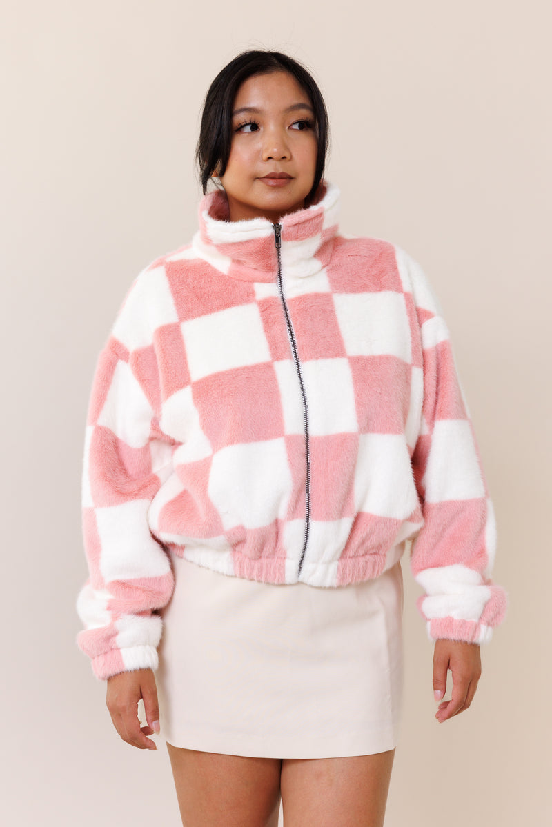 white pink soft fuzzy fluffly checkered  zipper jacket collar functional pockets cuff hems