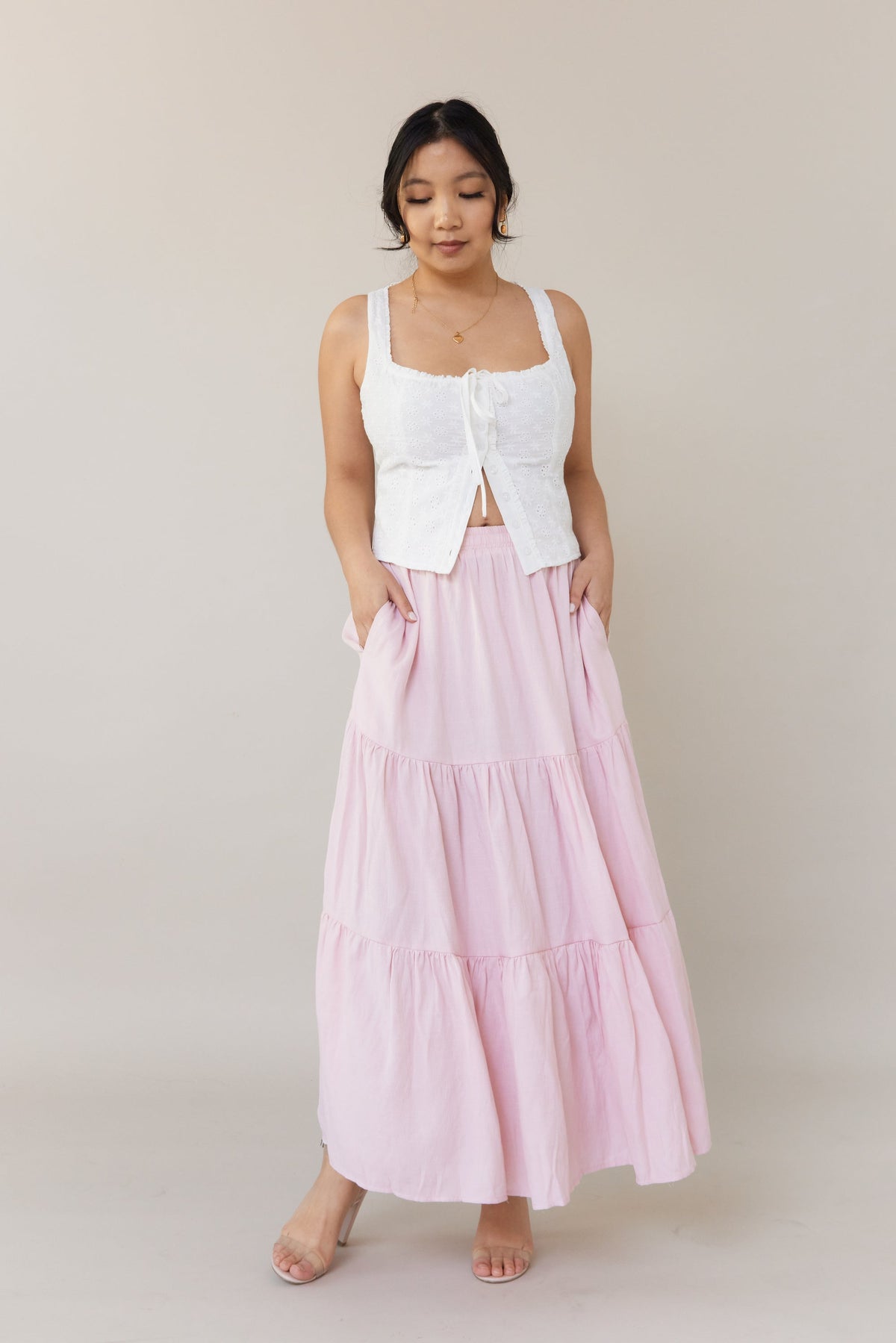 pink flowy midi skirt high waisted relaxed fit stretchy long bottoms