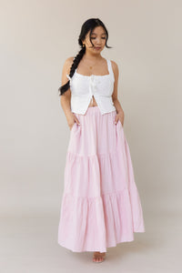 pink flowy midi skirt high waisted relaxed fit stretchy long bottoms