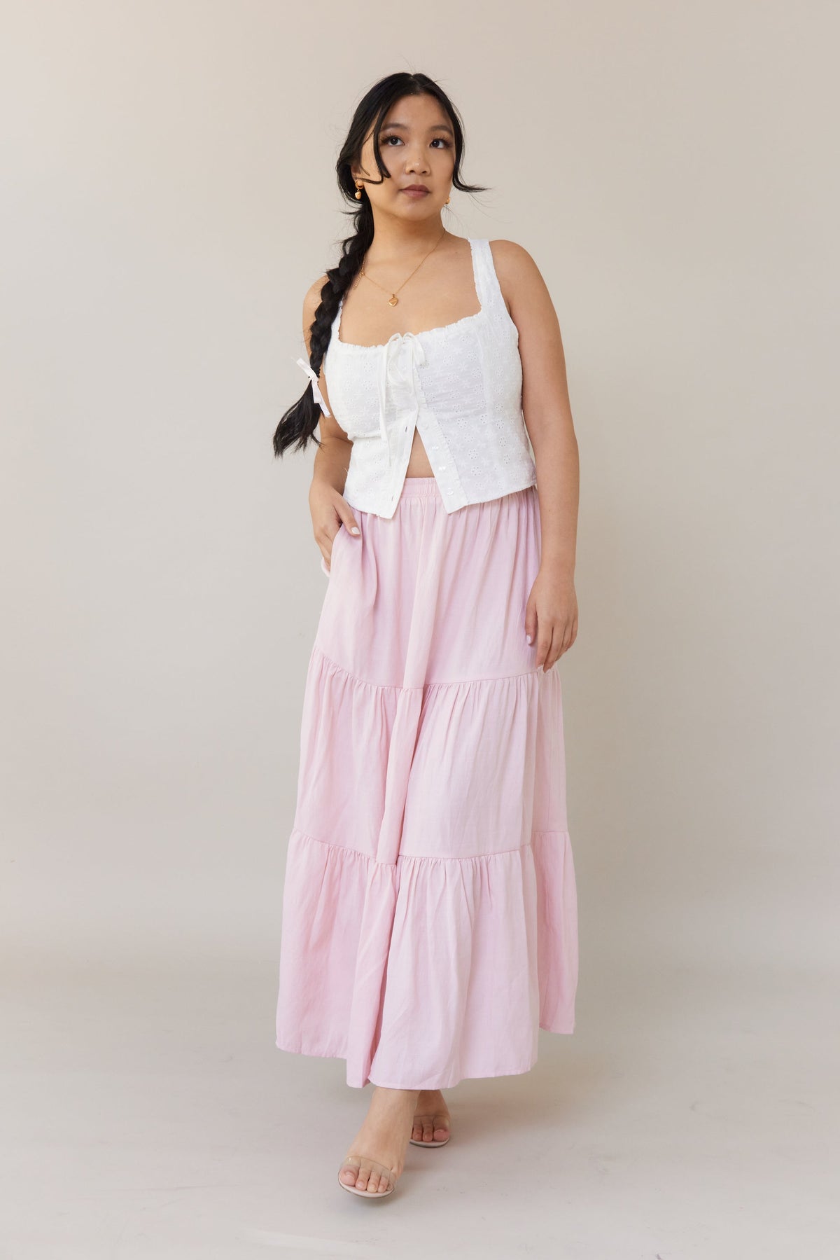 pink flowy midi skirt high waisted relaxed fit stretchy long bottoms