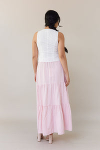 pink flowy midi skirt high waisted relaxed fit stretchy long bottoms