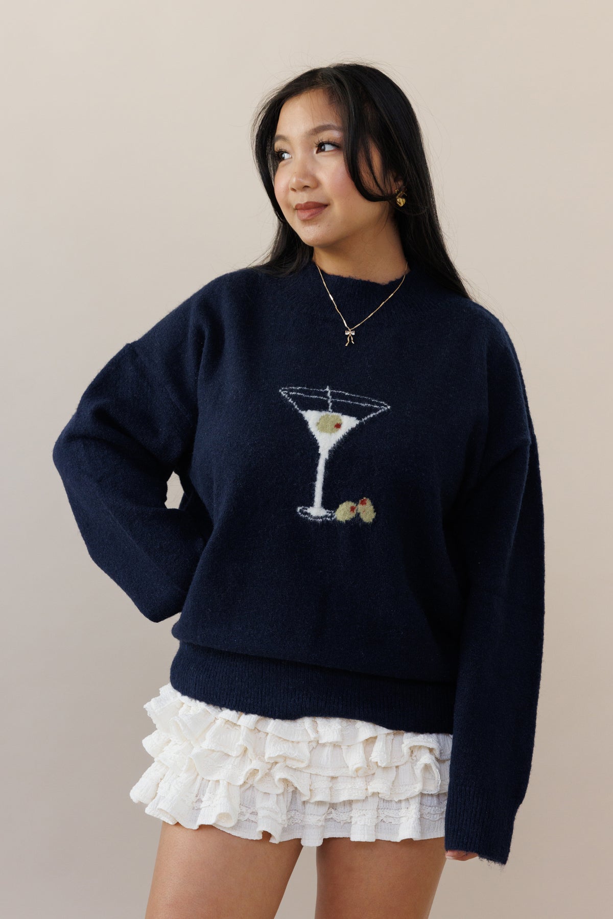 dark blue knit sweater pullover oversized long sleeves round neck knitwear martini glass olives