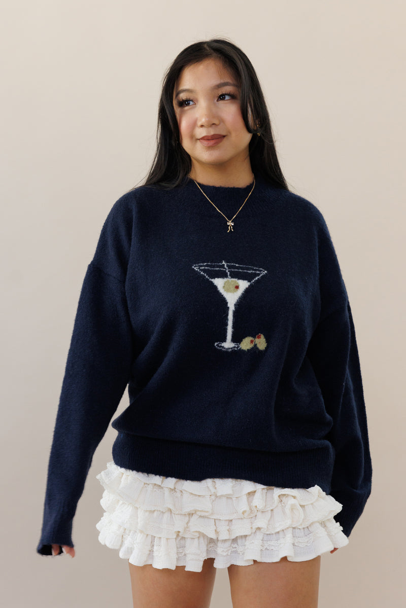 dark blue knit sweater pullover oversized long sleeves round neck knitwear martini glass olives