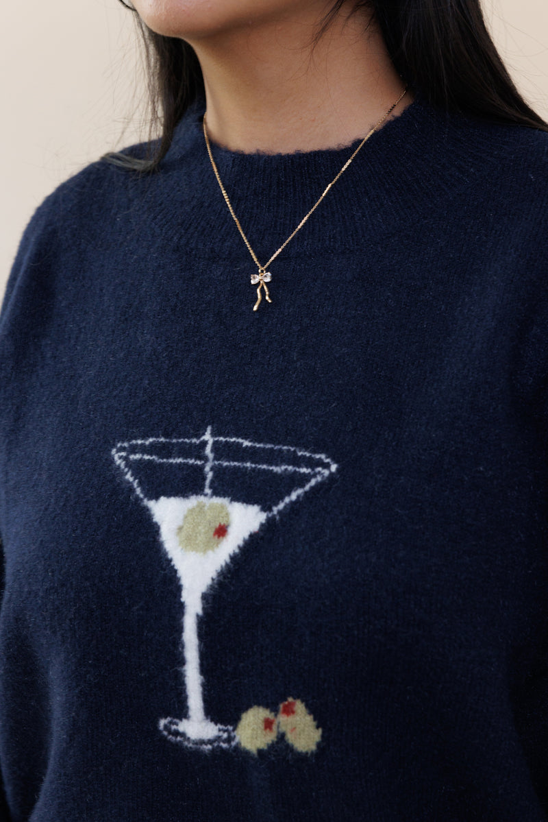 dark blue knit sweater pullover oversized long sleeves round neck knitwear martini glass olives