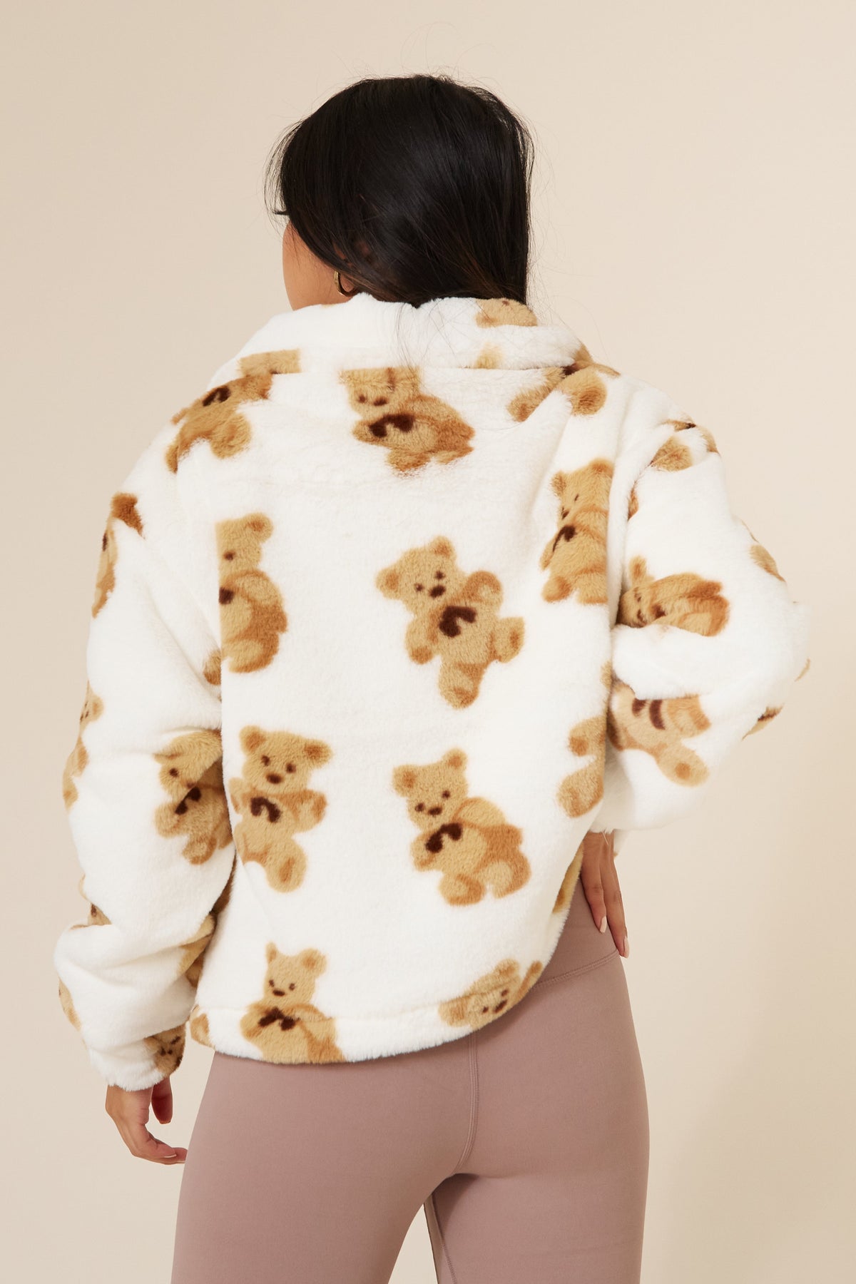 Women's Sherpa Teddy Bear Print Fluffy Fur Cozy Zip up Jacket With Bow Tie Teddy  Bear Print White Black Brown One Size Fits Most 
