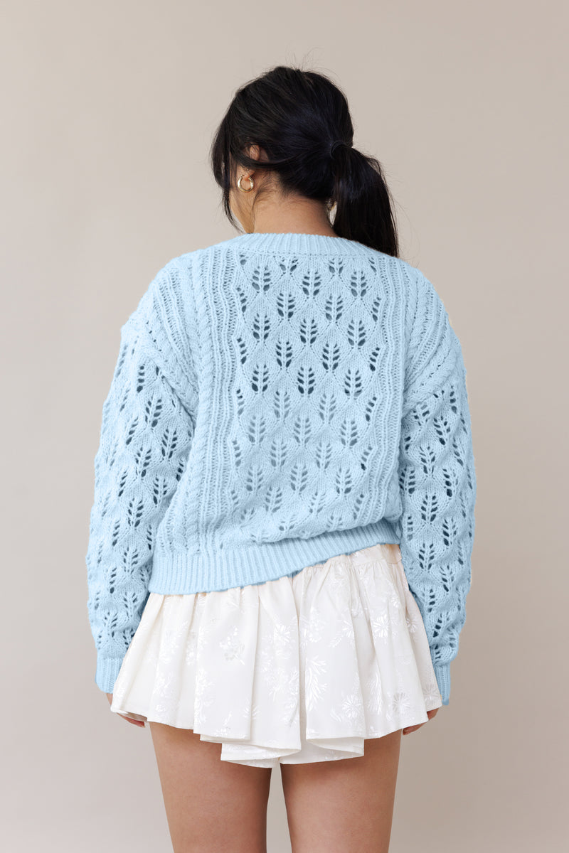 light blue cable knit pullover long sleeve cardigan round neckline ribbed cuffs lace trim bow romantic fashion cozy wear casual outfit fall winter spring style