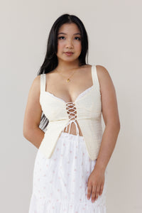 butter yellow plaid corset style sleeveless top with lace trim adjustable straps and side zipper womens fashion for summer streetwear and vacation outfits
