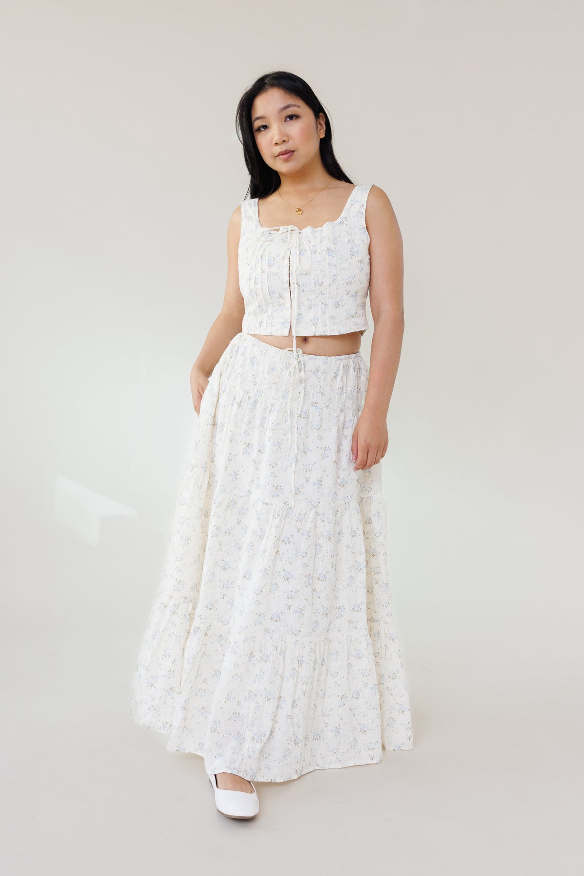 blue floral swiss dot two piece set with corset top hook eye closure and tiered maxi skirt womens fashion for summer outfits vacation wear and garden parties
