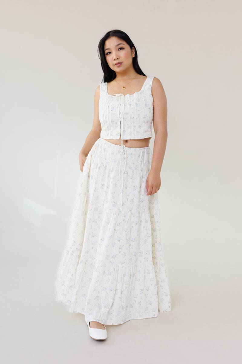 blue floral swiss dot two piece set with corset top hook eye closure and tiered maxi skirt womens fashion for summer outfits vacation wear and garden parties