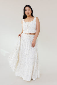 blue floral swiss dot two piece set with corset top hook eye closure and tiered maxi skirt womens fashion for summer outfits vacation wear and garden parties