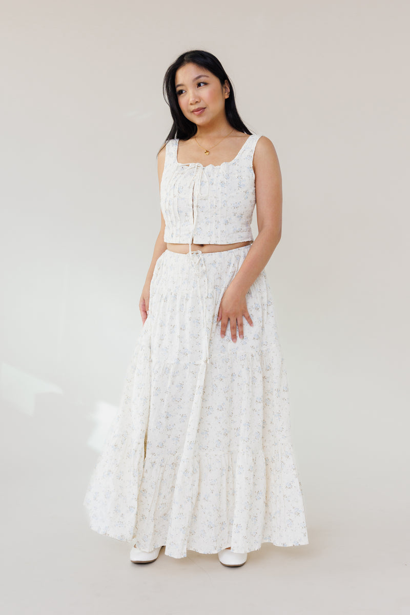 blue floral swiss dot two piece set with corset top hook eye closure and tiered maxi skirt womens fashion for summer outfits vacation wear and garden parties
