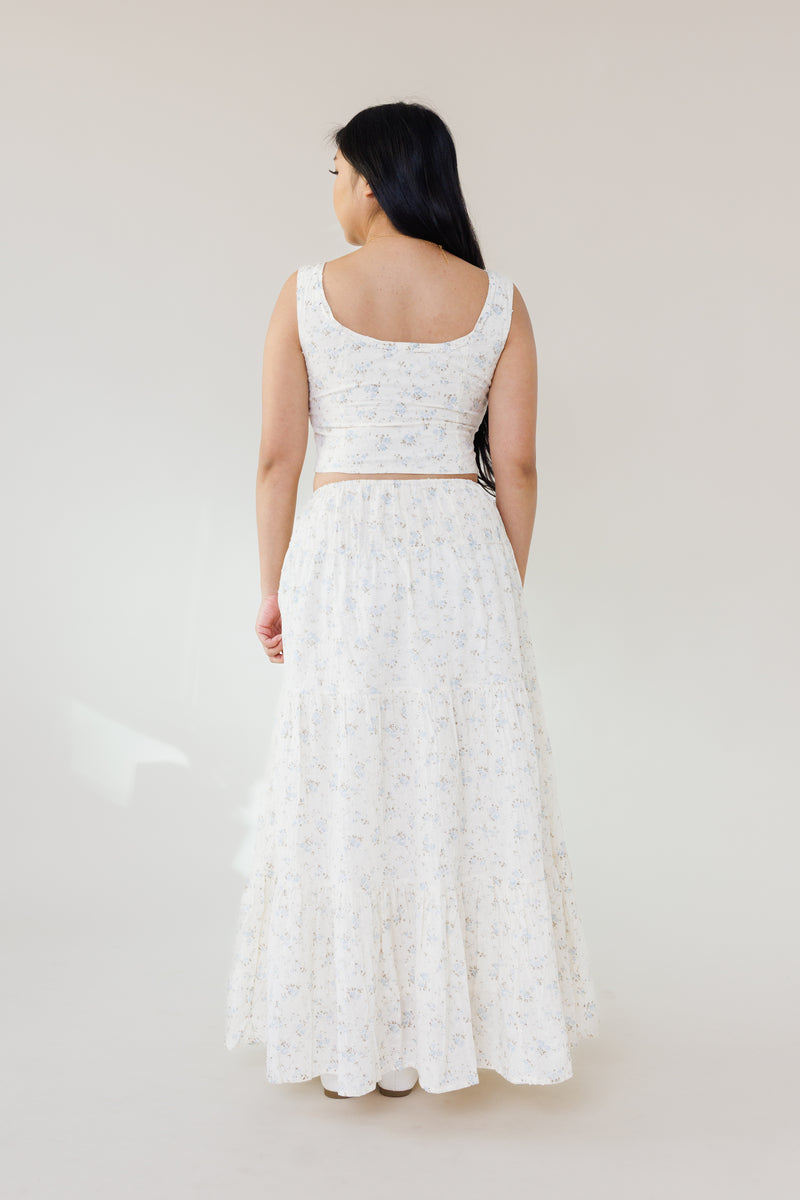 blue floral swiss dot two piece set with corset top hook eye closure and tiered maxi skirt womens fashion for summer outfits vacation wear and garden parties