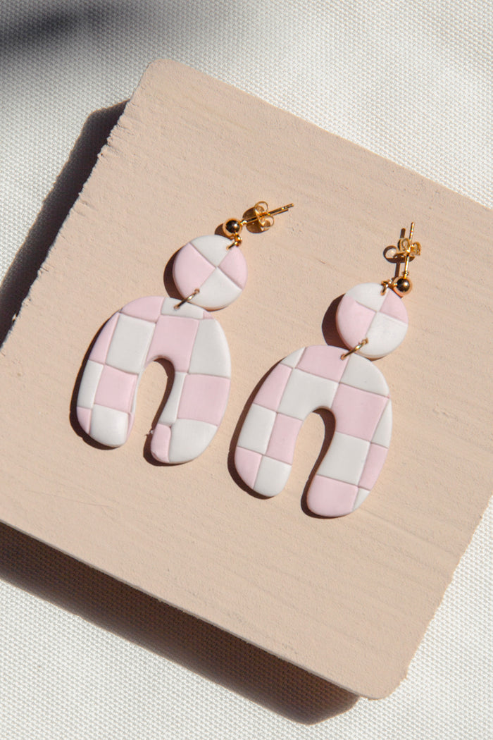 Pinky Check Clay Earrings
