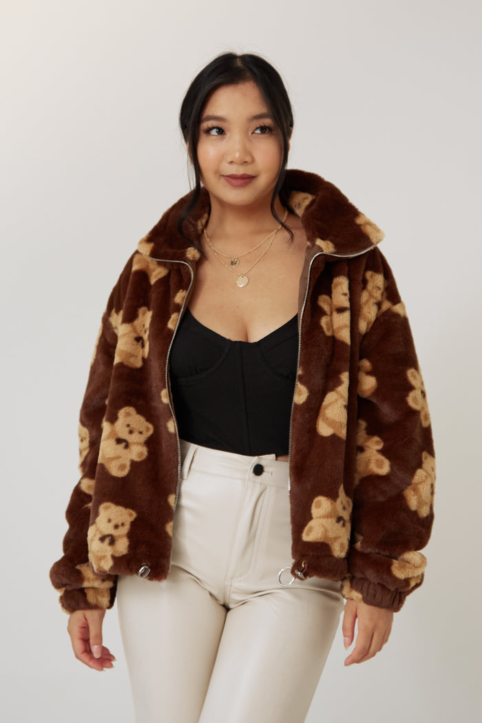 brown cute teddy bear girly neutral color fuzzy soft jacket winter coat cozy