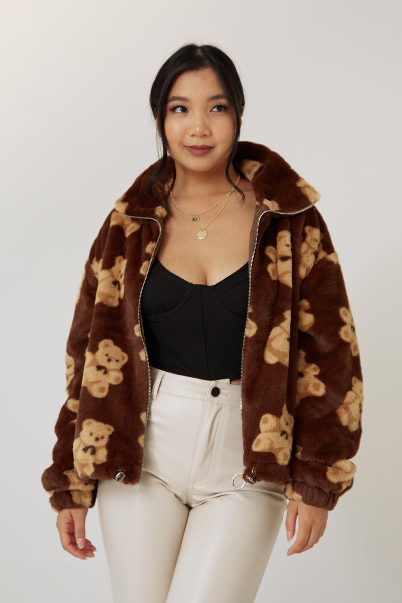 brown cute teddy bear girly neutral color fuzzy soft jacket winter coat cozy