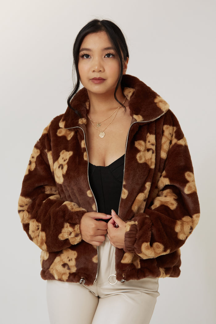 brown cute teddy bear girly neutral color fuzzy soft jacket winter coat cozy