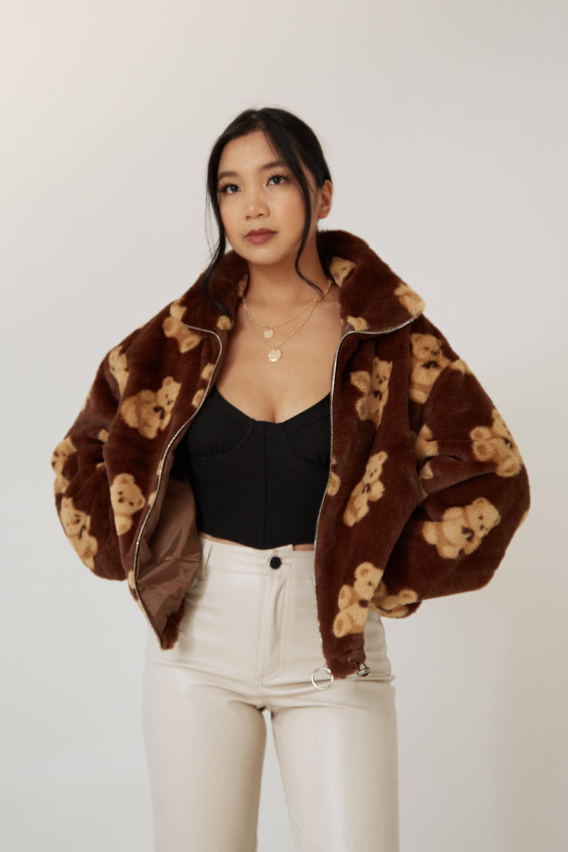 brown cute teddy bear girly neutral color fuzzy soft jacket winter coat cozy