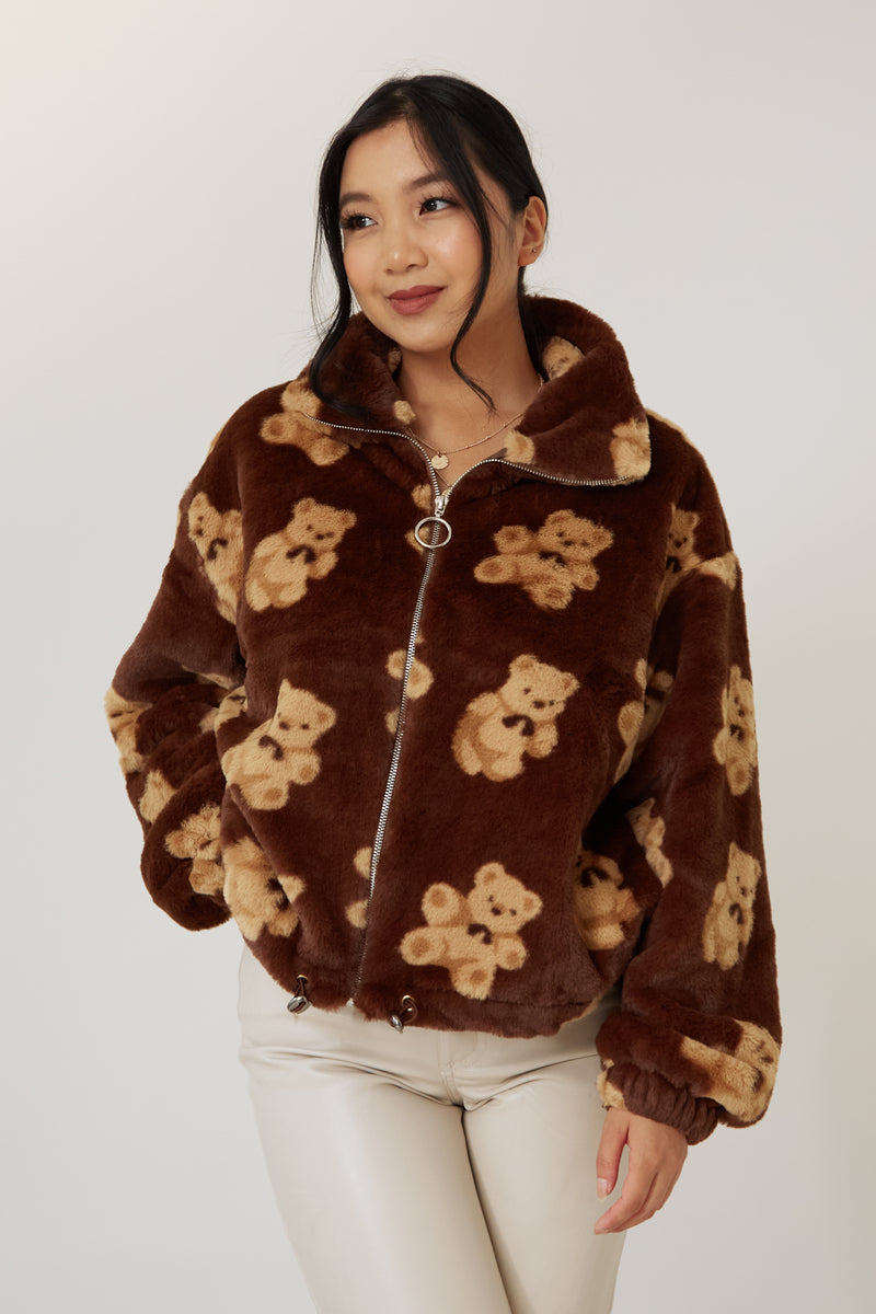 brown cute teddy bear girly neutral color fuzzy soft jacket winter coat cozy